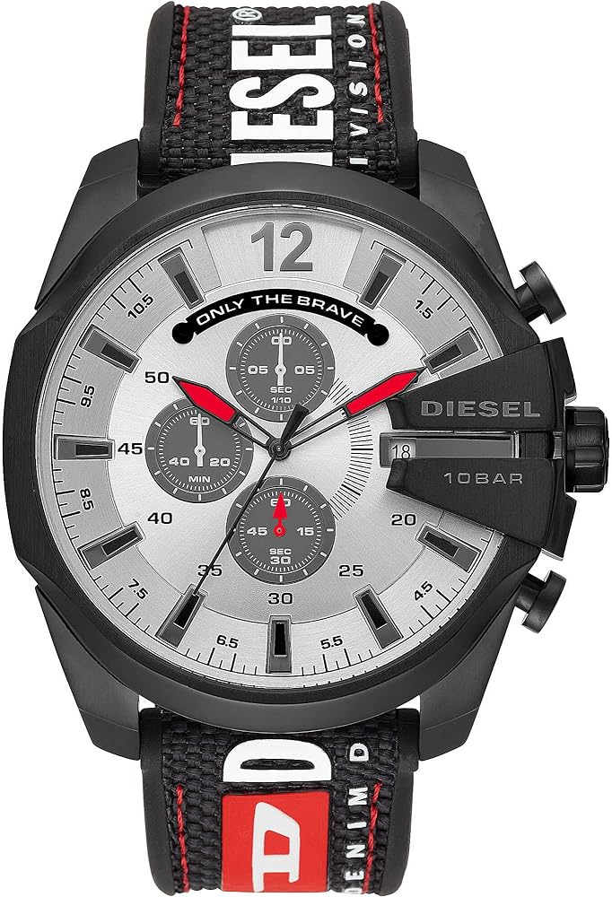 Diesel Mega Chief Chronograph Silver Dial Black Leather Strap Watch For Men - DZ4512 Buy Now By Diesel