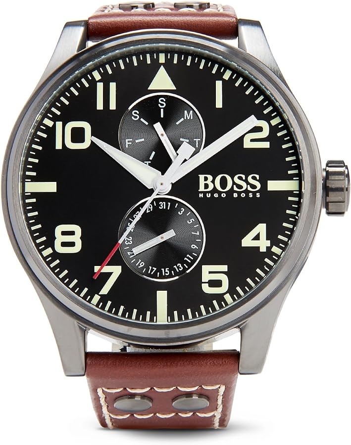 Hugo Boss Aeroliner Day Date Black Dial Brown Leather Strap Watch For Men - HB1513079 Buy Now By Hugo Boss