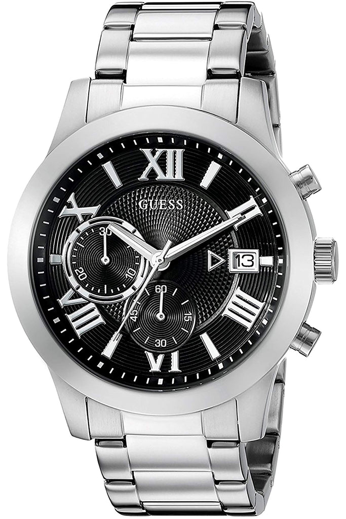 Guess Atlas Chronograph Black Dial Silver Steel Strap Watch For Men - W0668G3 Buy Now By Guess