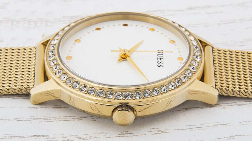 Guess Chelsea Crystals Mother of Pearl White Dial Gold Mesh Bracelet Watch For Women - W0647L7 Buy Now By Guess