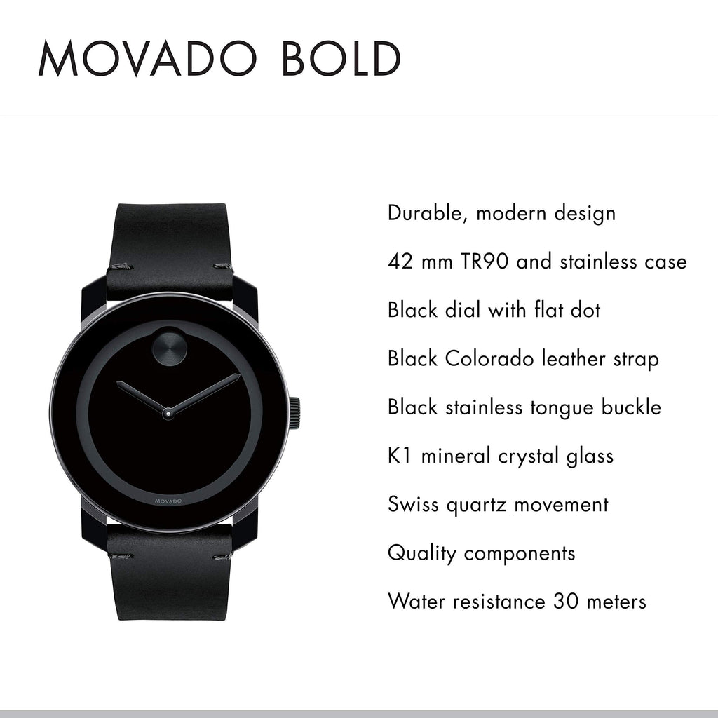 Movado Bold Black Dial Black Leather Strap Watch For Men - 3600306 Buy Now By Movado