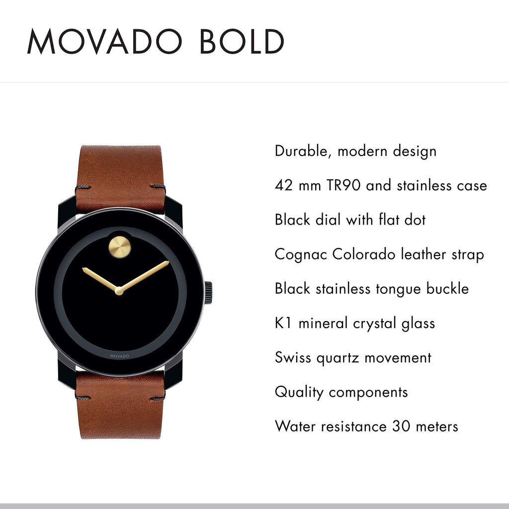 Movado Bold Black Dial Brown Leather Strap Watch For Men - 3600305 Buy Now By Movado