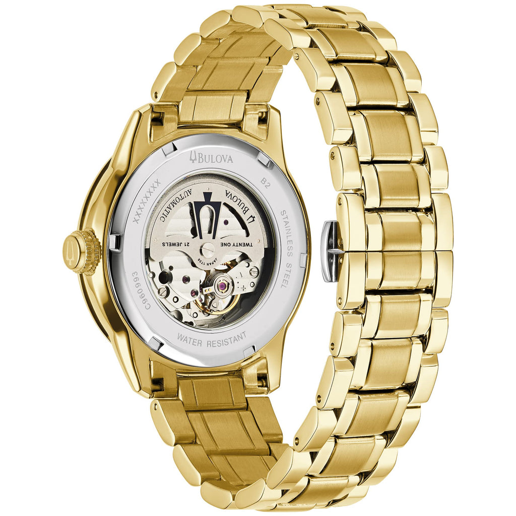 Bulova BVA Skeleton Silver Dial Gold Steel Strap Watch for Men - 97A108 Buy Now By Bulova