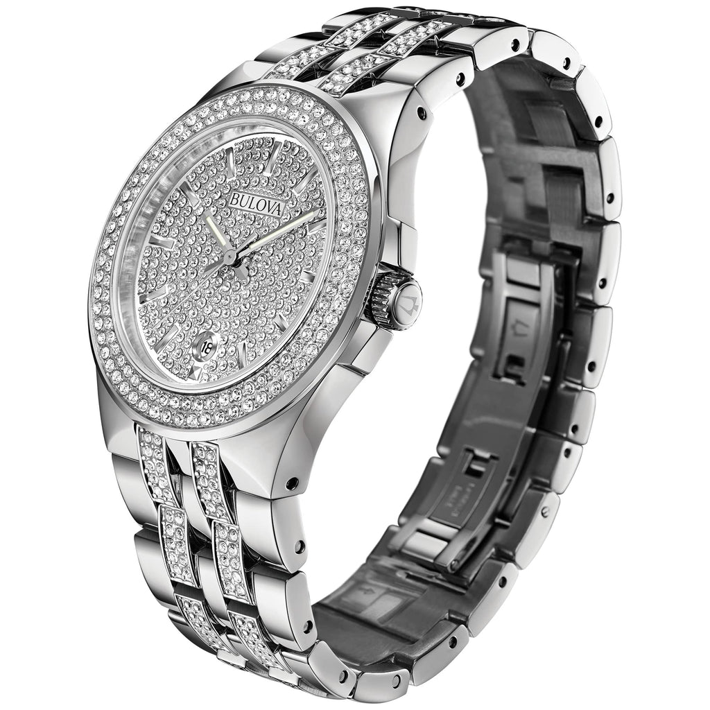 Bulova Crystal Pave Silver Dial Silver Steel Strap Watch for Men - 96B235 Buy Now By Bulova