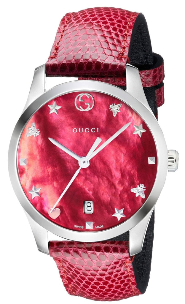 Gucci G-Timeless Mother of Pearl Red Dial Red Leather Strap Watch For Women - YA1264041 Buy Now By Gucci