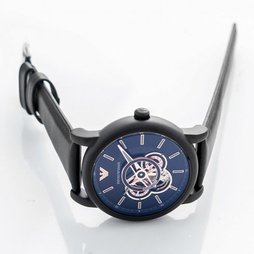 Emporio Armani Luigi Automatic Skeleton Black Dial Black Leather Strap Watch For Men - AR60012 Buy Now By Emporio Armani