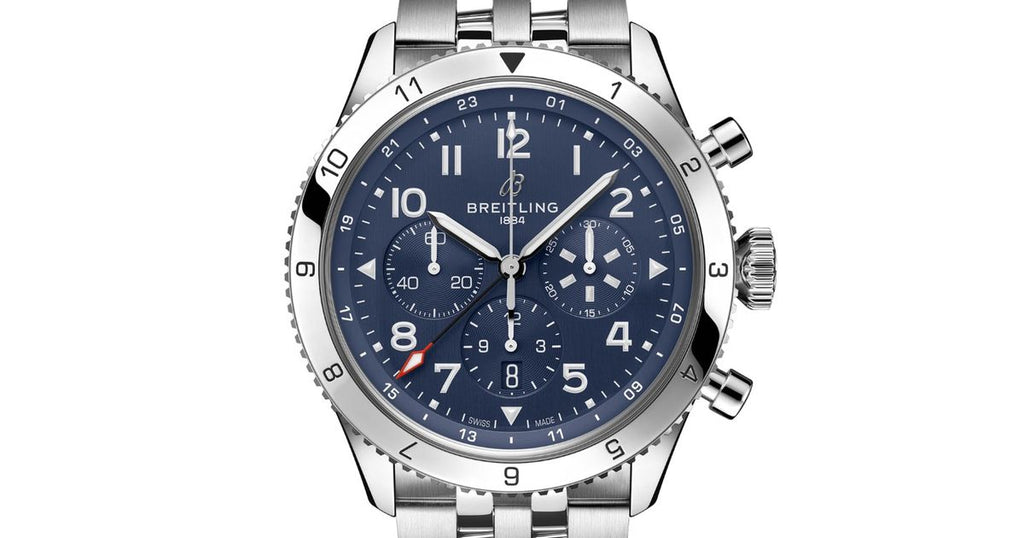 Breitling Super Avi B04 Chronograph GMT 46 Tribute to Vought F4U Corsair Blue Dial Silver Steel Strap Watch for Men - AB04451A1C1A1 Buy Now By Breitling