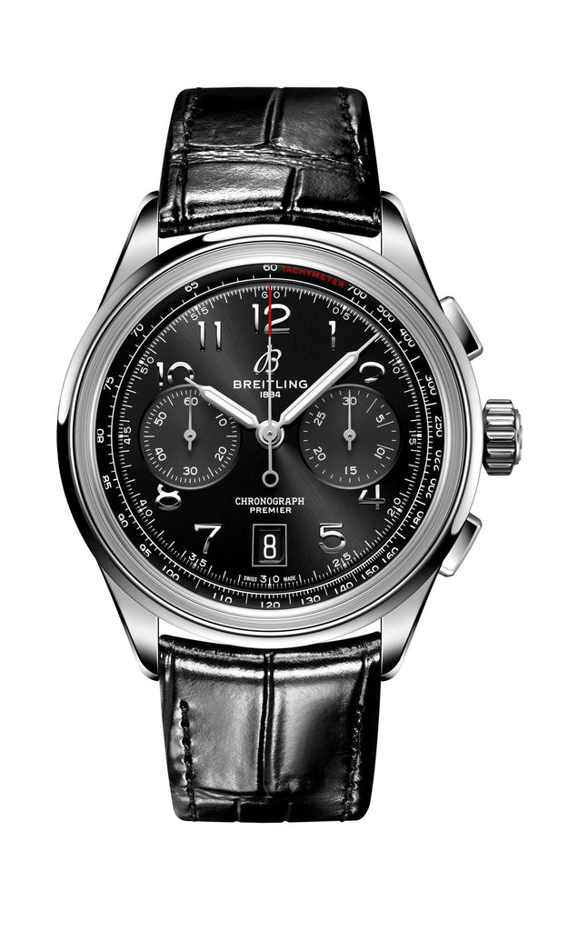 Breitling Premier B01 Chronograph 42 Black Dial Black Leather Strap Watch for Men - AB0145221B1P1 Buy Now By Breitling