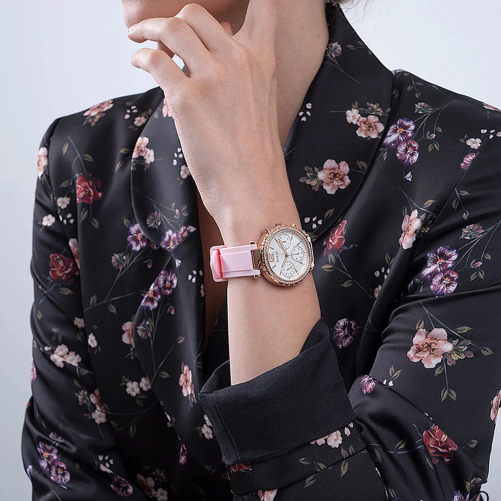 Guess Solstice Diamonds White Dial Pink Rubber Strap Watch For Women - GW0113L4 Buy Now By Guess