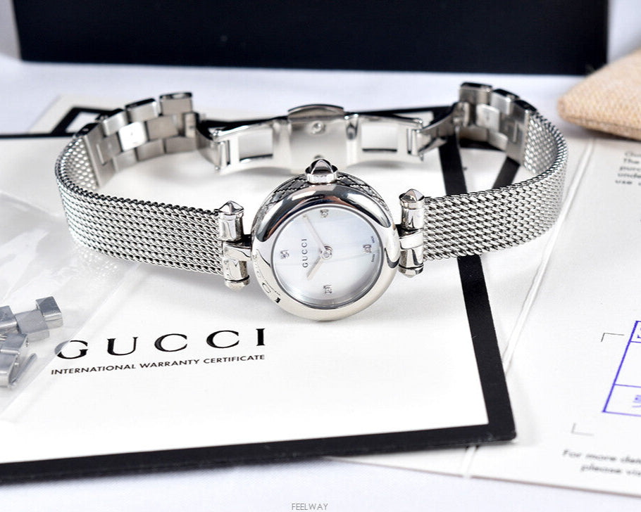 Gucci Diamantissima Diamonds Mother of Pearl Dial Silver Mesh Bracelet Watch for Women - YA141512 Buy Now By Gucci