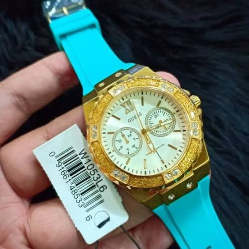 Guess Limelight Crystal White Dial Light Blue Rubber Strap Watch for Women - W1053L6 Buy Now By Guess