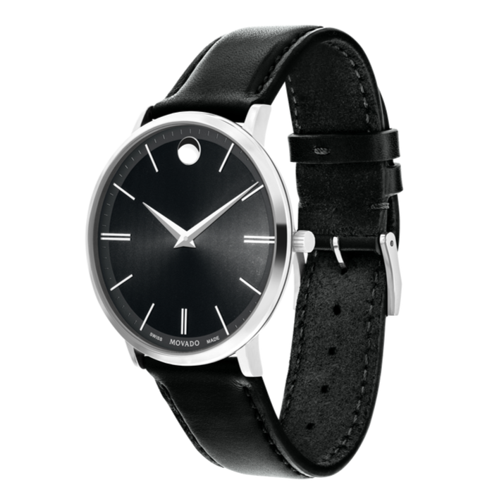 Movado Ultra Slim Black Dial Black Leather Strap Watch For Men - 0607086 Buy Now By Movado