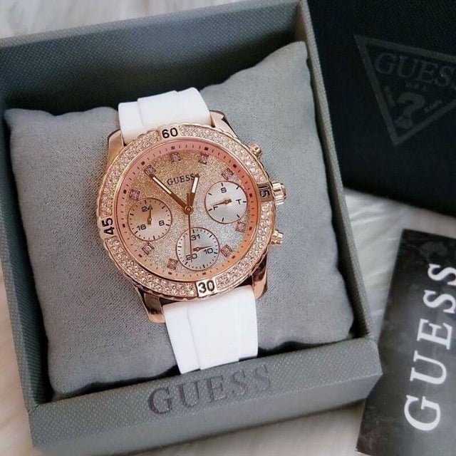 Guess Confetti Crystal Rose Gold Dial White Silicone Strap Watch For Women - W1098L5 Buy Now By Guess