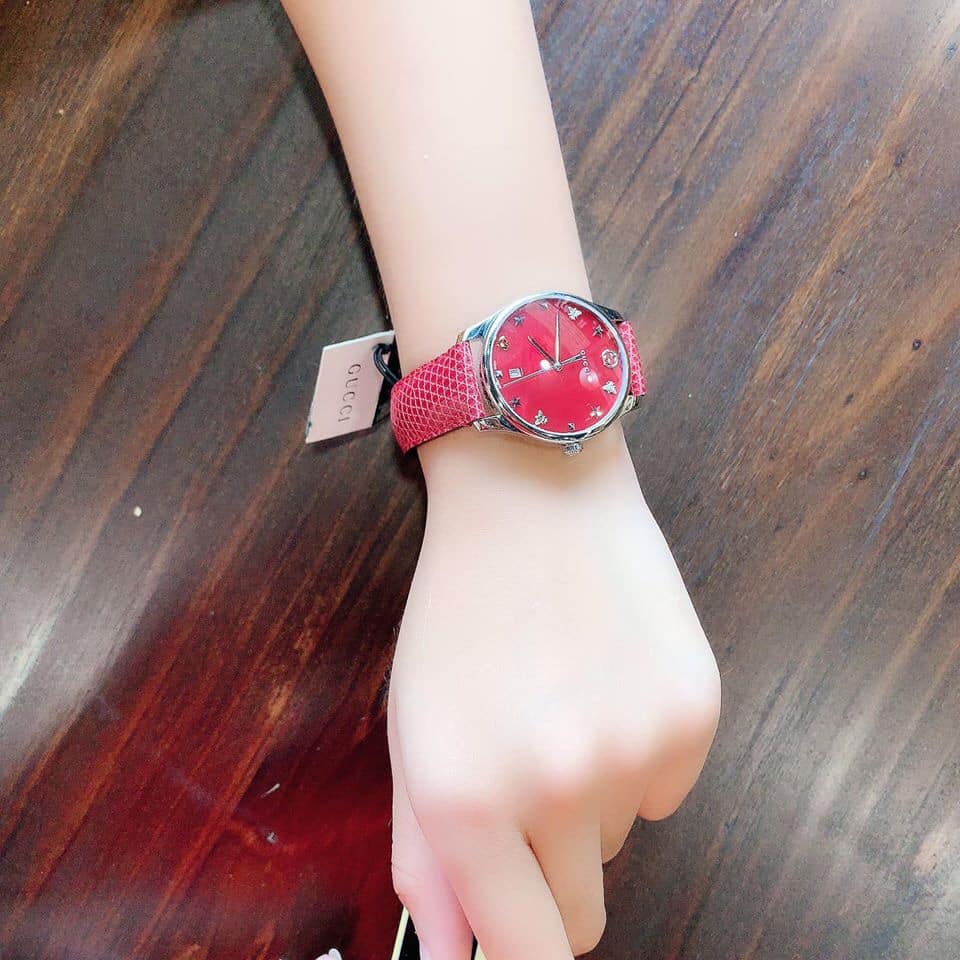 Gucci G-Timeless Mother of Pearl Red Dial Red Leather Strap Watch For Women - YA1264041 Buy Now By Gucci
