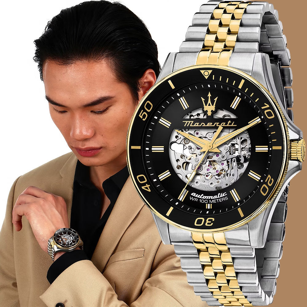 Maserati SFIDA Automatic Skeleton Black Dial Two Tone Steel Strap Watch For Men - R8823140010 Buy Now By Maserati