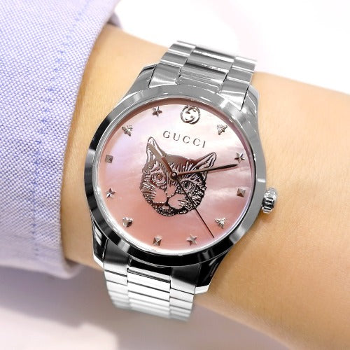 Gucci G Timeless Quartz Mother of Pearl Pink Dial Silver Steel Strap Watch for Women - YA1264166 Buy Now By Gucci