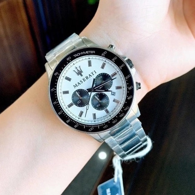 Maserati SFIDA Chronograph White Dial Silver Steel Strap Watch For Men - R8873640003 Buy Now By Maserati