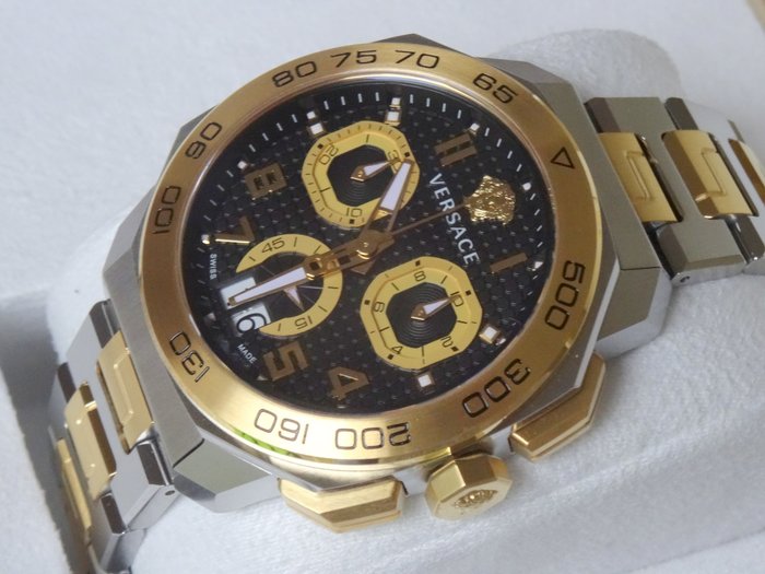Versace Dylos Chronograph Black Dial Two Tone Steel Strap Watch for Men - VQC100016 Buy Now By Versace