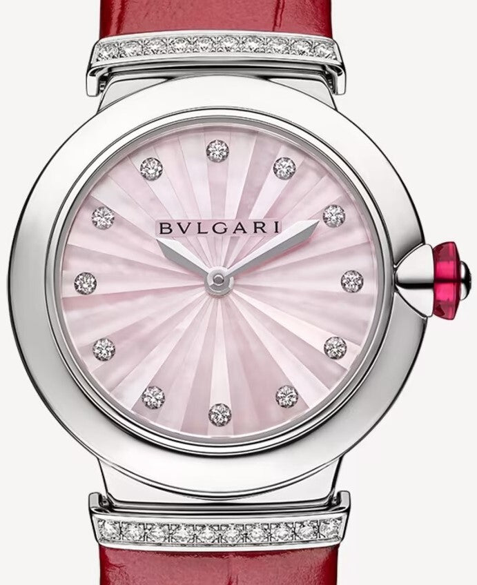 Bvlgari Lvcea Intarsio Diamonds Mother of Pearl Pink Dial Red Leather Strap Watch for Women - LVCEA103619 Buy Now By Bvlgari
