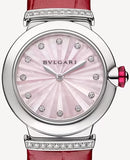 Bvlgari Lvcea Intarsio Diamonds Mother of Pearl Pink Dial Red Leather Strap Watch for Women - LVCEA103619 Buy Now By Bvlgari