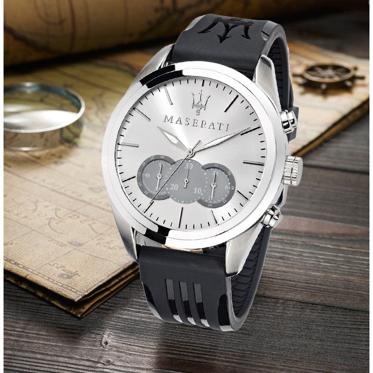 Maserati Traguardo Chronograph Silver Dial Black Rubber Strap Watch for Men - R8871612012 Buy Now By Maserati