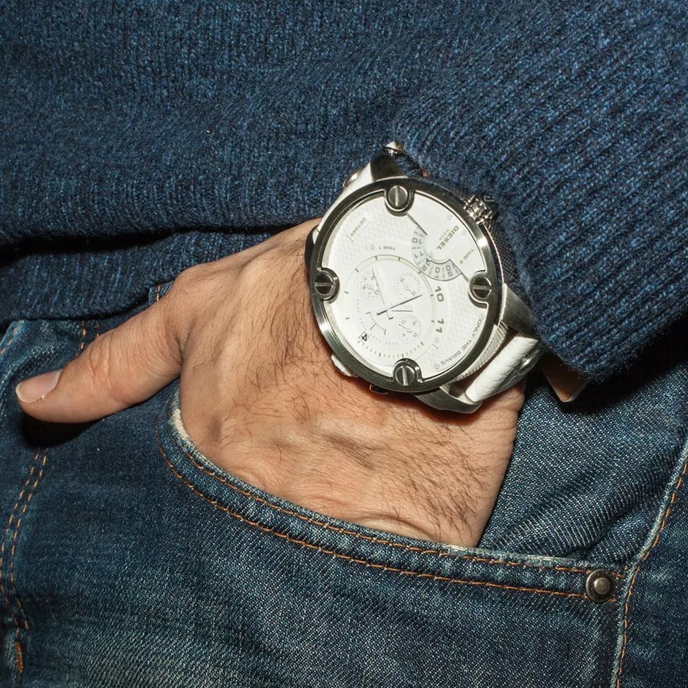 Diesel Badass Chronograph White Dial White Leather Strap Watch For Men - DZ7265 Buy Now By Diesel