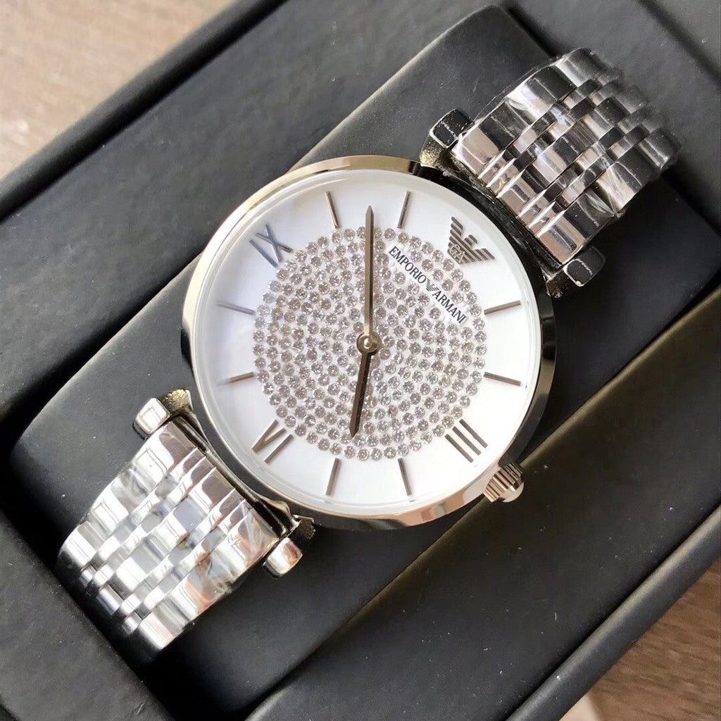 Emporio Armani Gianni T Bar White Crystal Pave Dial Silver Stainless Steel Strap Watch For Women - AR1925 Buy Now By Emporio Armani