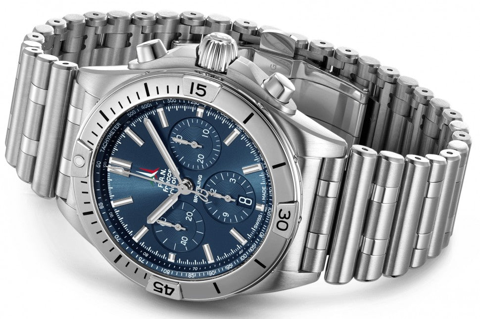 Breitling Chronomat B01 42 Frecce Tricolori Blue Dial Silver Steel Strap Watch for Men - AB01344A1C1A1 Buy Now By Breitling