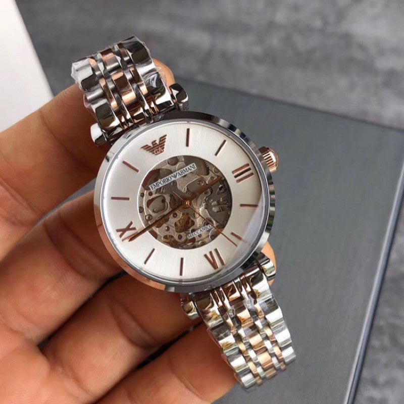 Emporio Armani Gianni T Bar Silver Skeleton Dial Two Tone Strap Watch For Women - AR1992 Buy Now By Emporio Armani