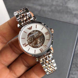 Emporio Armani Gianni T Bar Silver Skeleton Dial Two Tone Strap Watch For Women - AR1992 Buy Now By Emporio Armani