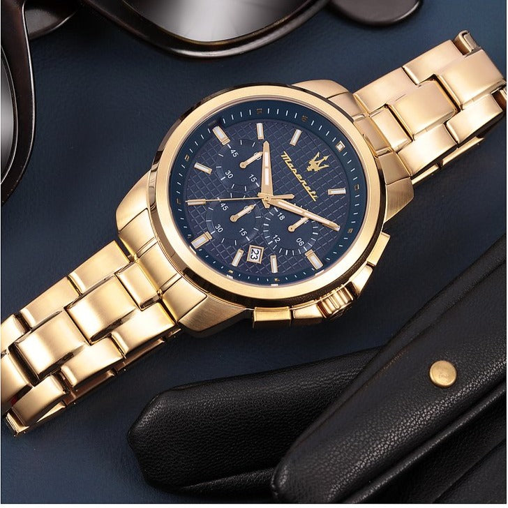Maserati Successo Chronograph Blue Dial Gold Steel Strap Watch For Men - R8873621021 Buy Now By Maserati