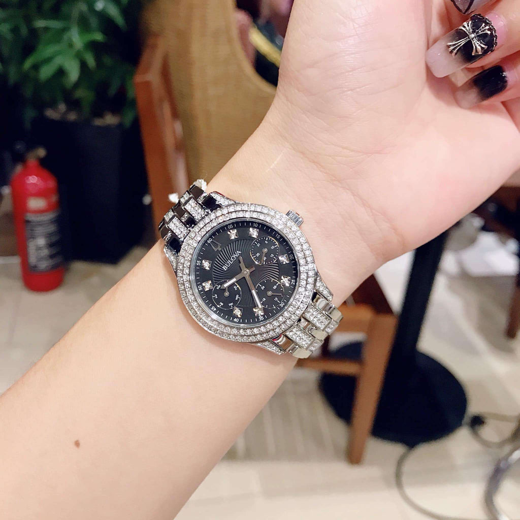 Bulova Crystal Collection Black Dial Silver Steel Strap Watch for Men - 96K102 Buy Now By Bulova