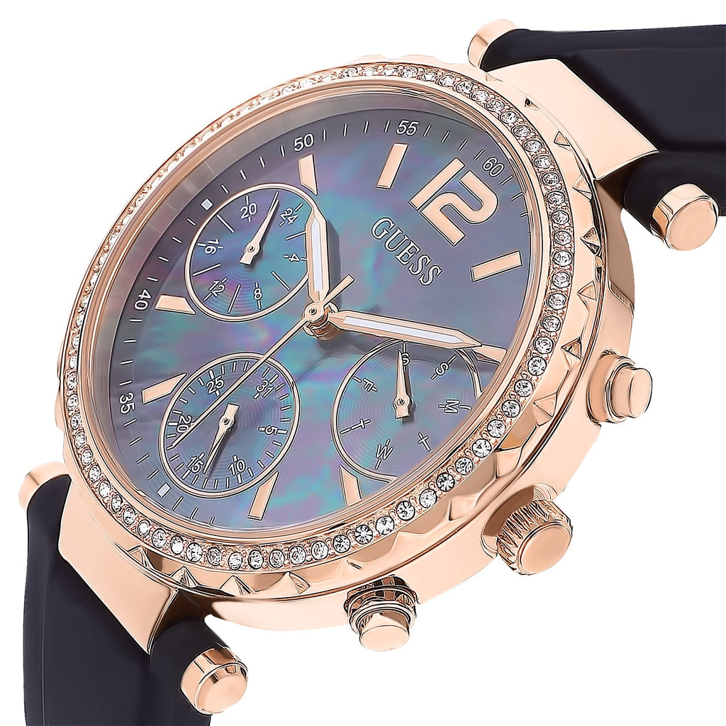 Guess Solstice Diamonds Black Mother of Pearl Dial Black Rubber Strap Watch for Women - GW0113L2 Buy Now By Guess