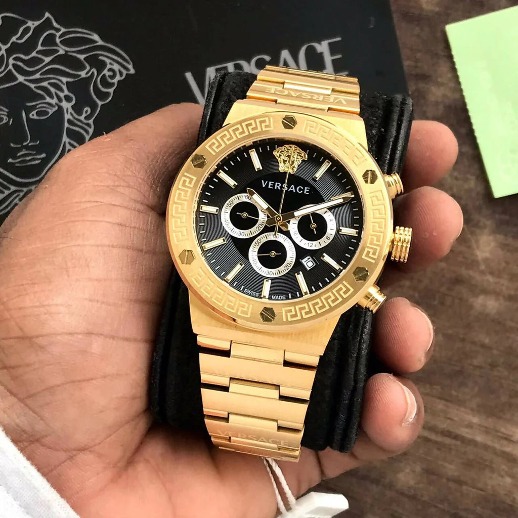 Versace Greca Chronograph Black Dial Gold Steel Strap Watch For Men - VEZ900421 Buy Now By Versace