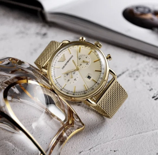Emporio Armani Aviator Chronograph Quartz Beige Dial Gold Mesh Bracelet Watch For Men - AR11315 Buy Now By Emporio Armani