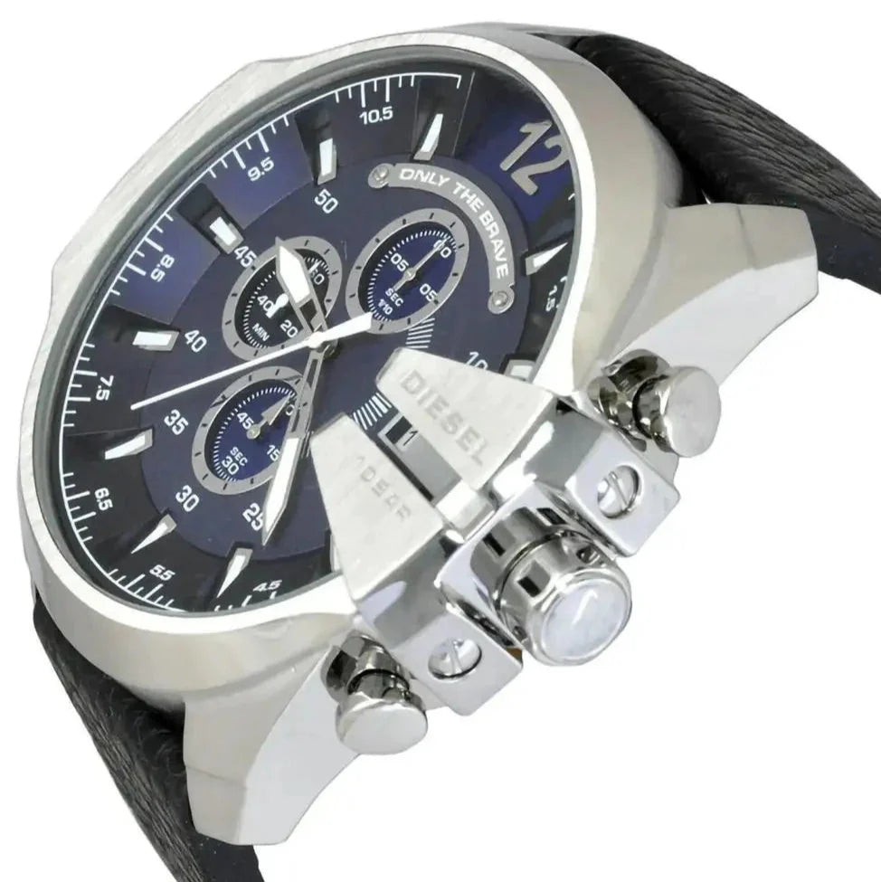 Diesel Mega Chief Chronograph Blue Dial Black Leather Strap Watch For Men - DZ4423 Buy Now By Diesel
