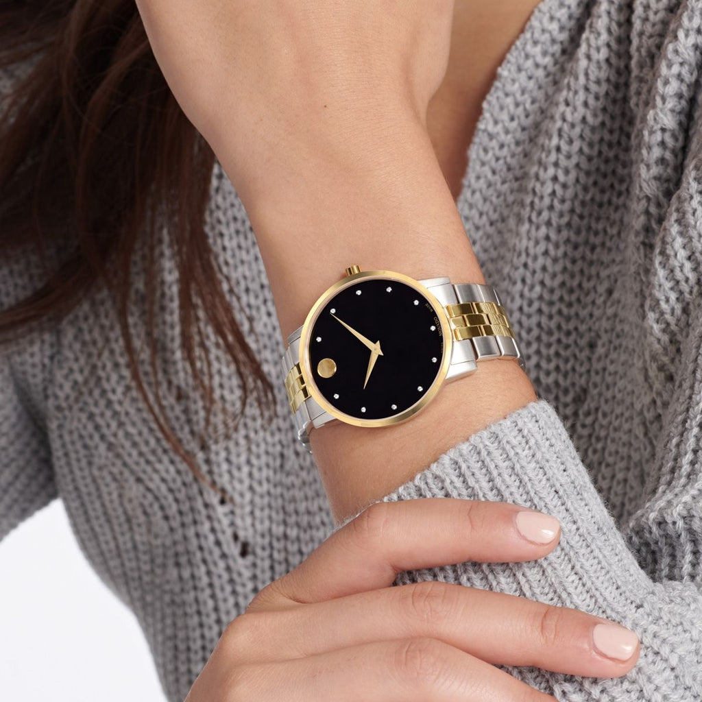 Movado Museum Classic Diamonds Black Dial Two Tone Steel Strap Watch for Men - 0607202 Buy Now By Movado
