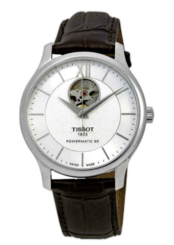 Tissot T Classic Tradition Powermatic 80 Open Heart Silver Dial Brown Leather Strap Watch for Men - T063.907.16.038.00 Buy Now By Tissot