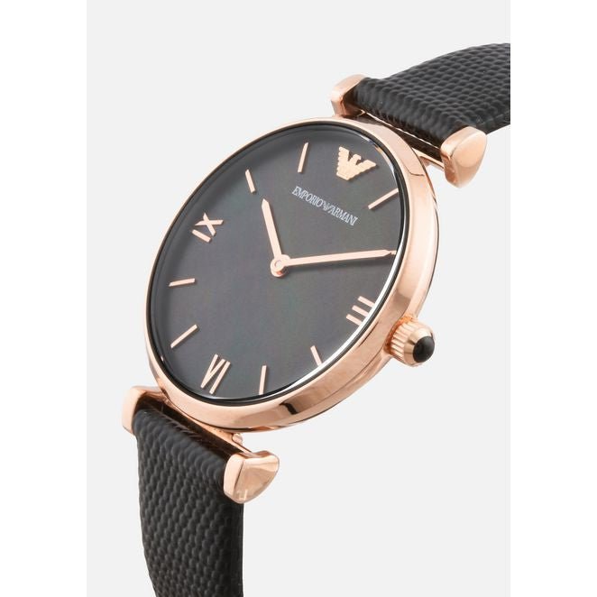 Emporio Armani Gianni T Bar Black Mother of Pearl Dial Black Leather Strap Watch For Women - AR11060 Buy Now By Emporio Armani