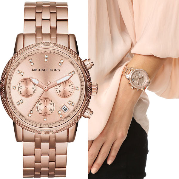 Michael Kors Ritz Chronograph Rose Gold Dial Rose Gold Steel Strap Watch for Women - MK6077 Buy Now By Michael Kors