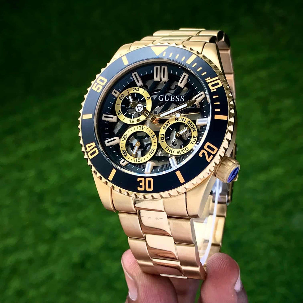Guess Axle Multifunction Black Dial Gold Steel Strap Watch For Men - GW0488G2 Buy Now By Guess