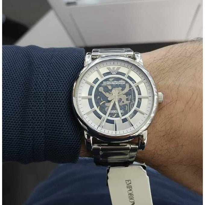 Emporio Armani Meccanico Skeleton Silver Dial Silver Steel Strap Watch For Men - AR1980 Buy Now By Emporio Armani