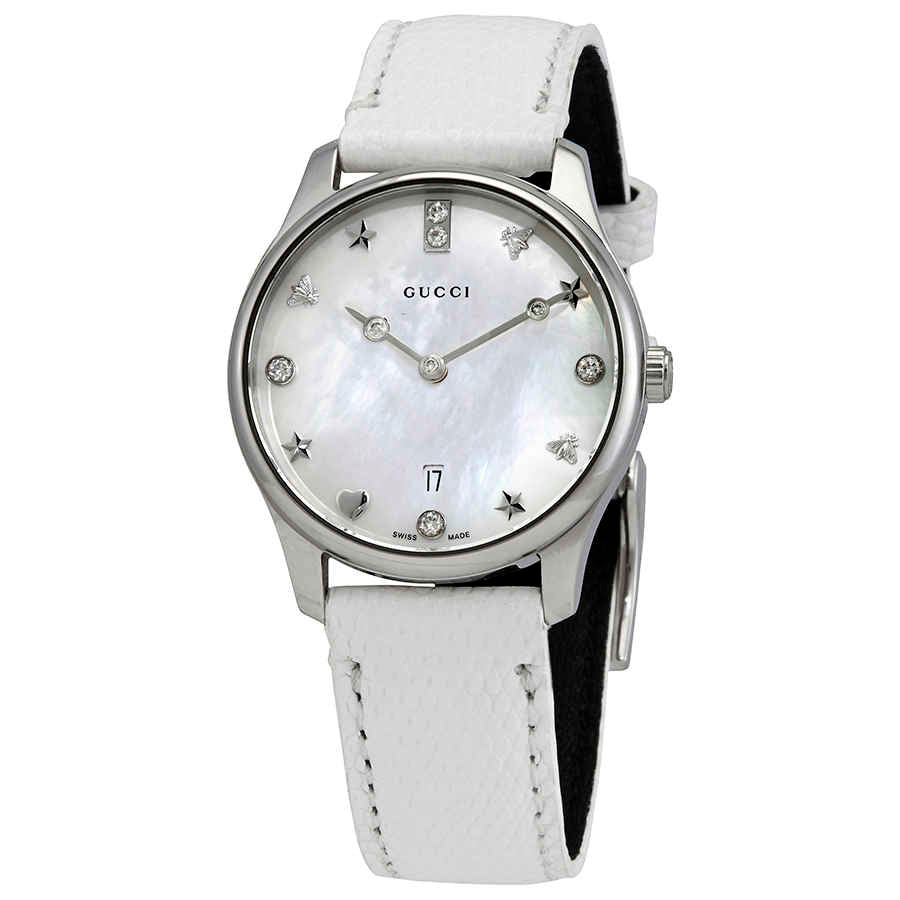 Gucci G-Timeless Mother of Pearl White Dial White Leather Strap Watch For Women - YA126597 Buy Now By Gucci