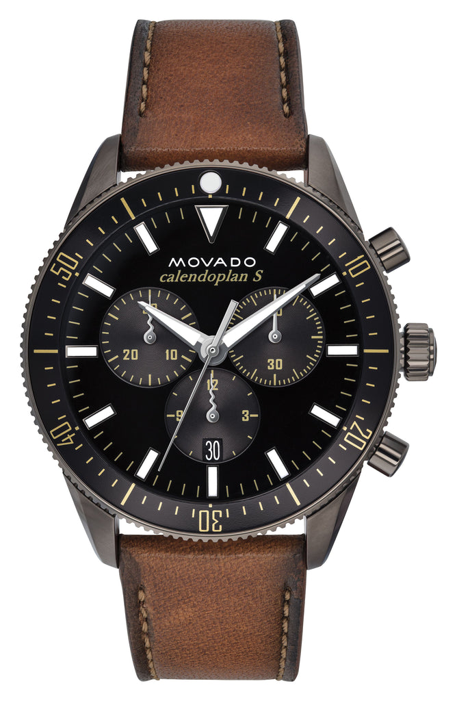 Movado Heritage Series 29mm Calendoplan Chronograph Black Dial Brown Leather Strap Watch For Men - 3650060 Buy Now By Movado