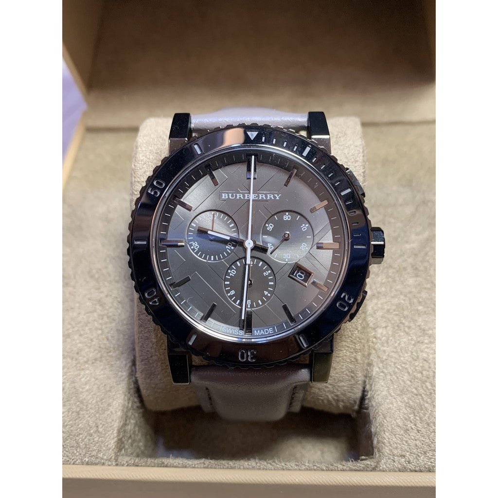 Burberry The City Chronograph Ion Plated Grey Dial Grey Leather Strap Watch for Men - BU9384 Buy Now By Burberry
