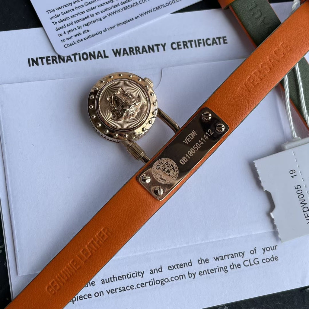 Versace Medusa Lock Icon Quartz Beige Dial Green Leather Strap Watch for Women - VEDW00519 Buy Now By Versace