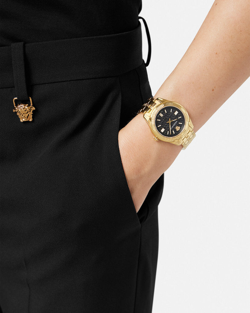 Versace Chain Reaction Quartz Black Dial Two Tone Steel Strap Watch for Men - VEDY00619 Buy Now By Versace