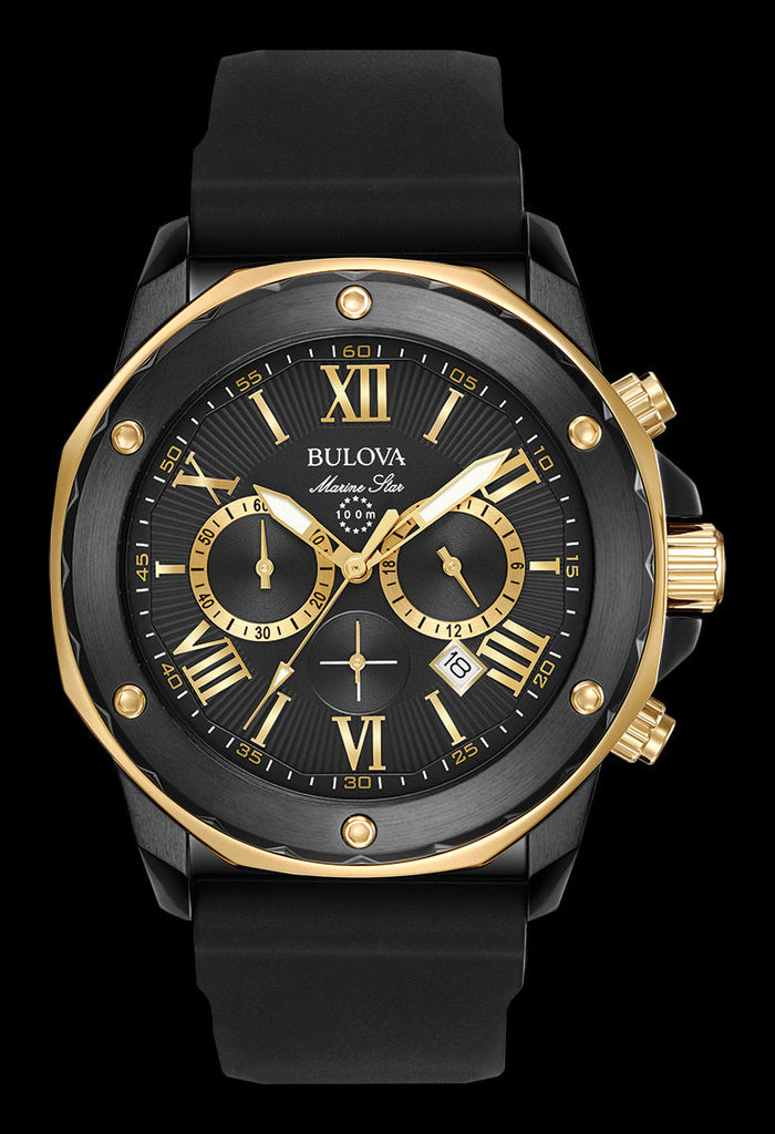Bulova Marine Star Chronograph Black Dial Black Rubber Strap Watch for Men - 98B278 Buy Now By Bulova
