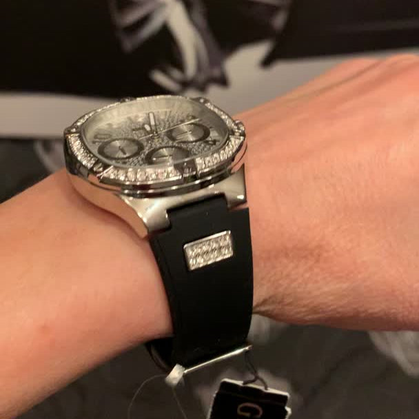 Guess Duchess Crystals Silver Dial Black Silicon Strap Watch For Women - GW0619L1 Buy Now By Guess