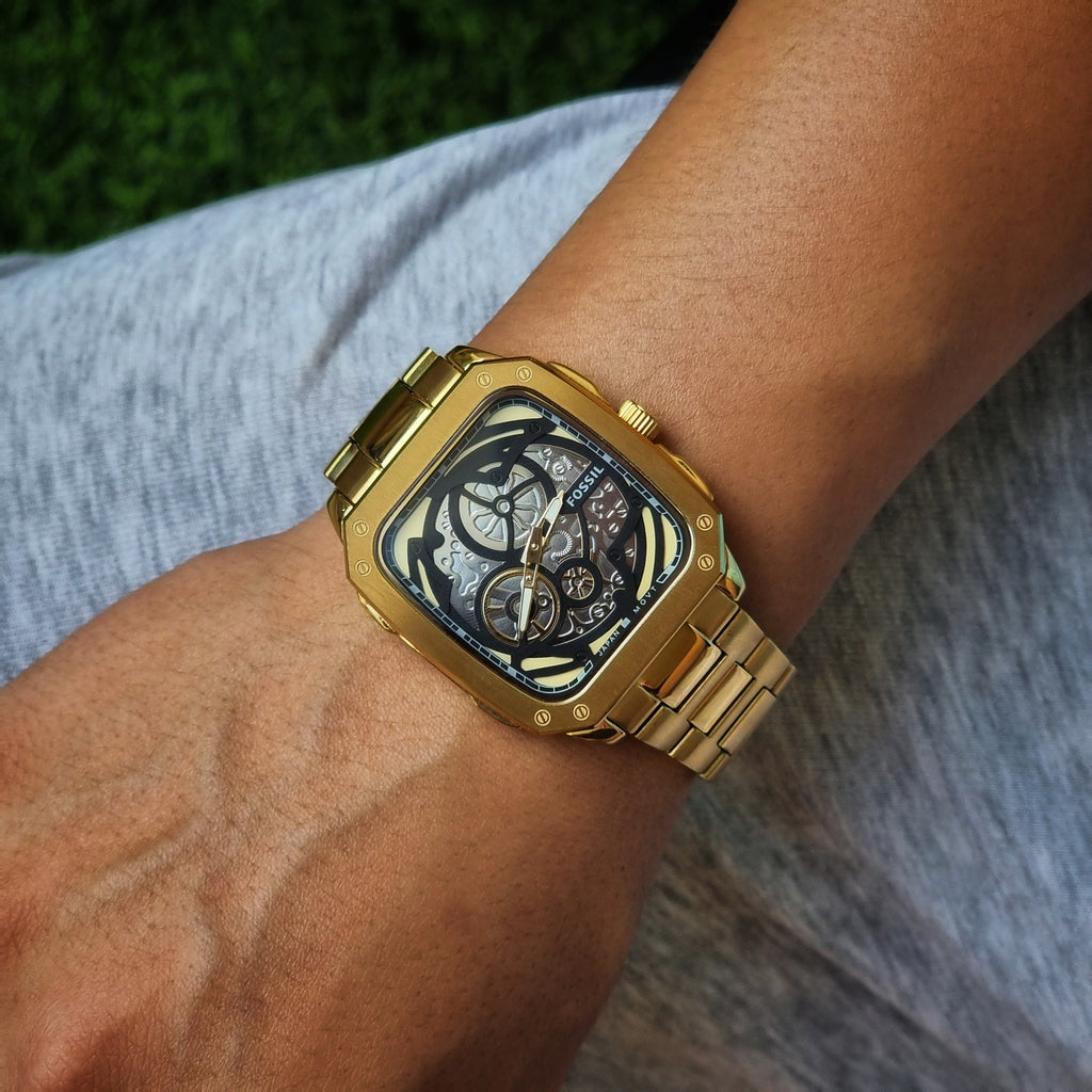 Fossil Inscription Automatic Skeleton Black Dial Gold Steel Strap Watch for Men - BQ2573 Buy Now By Fossil